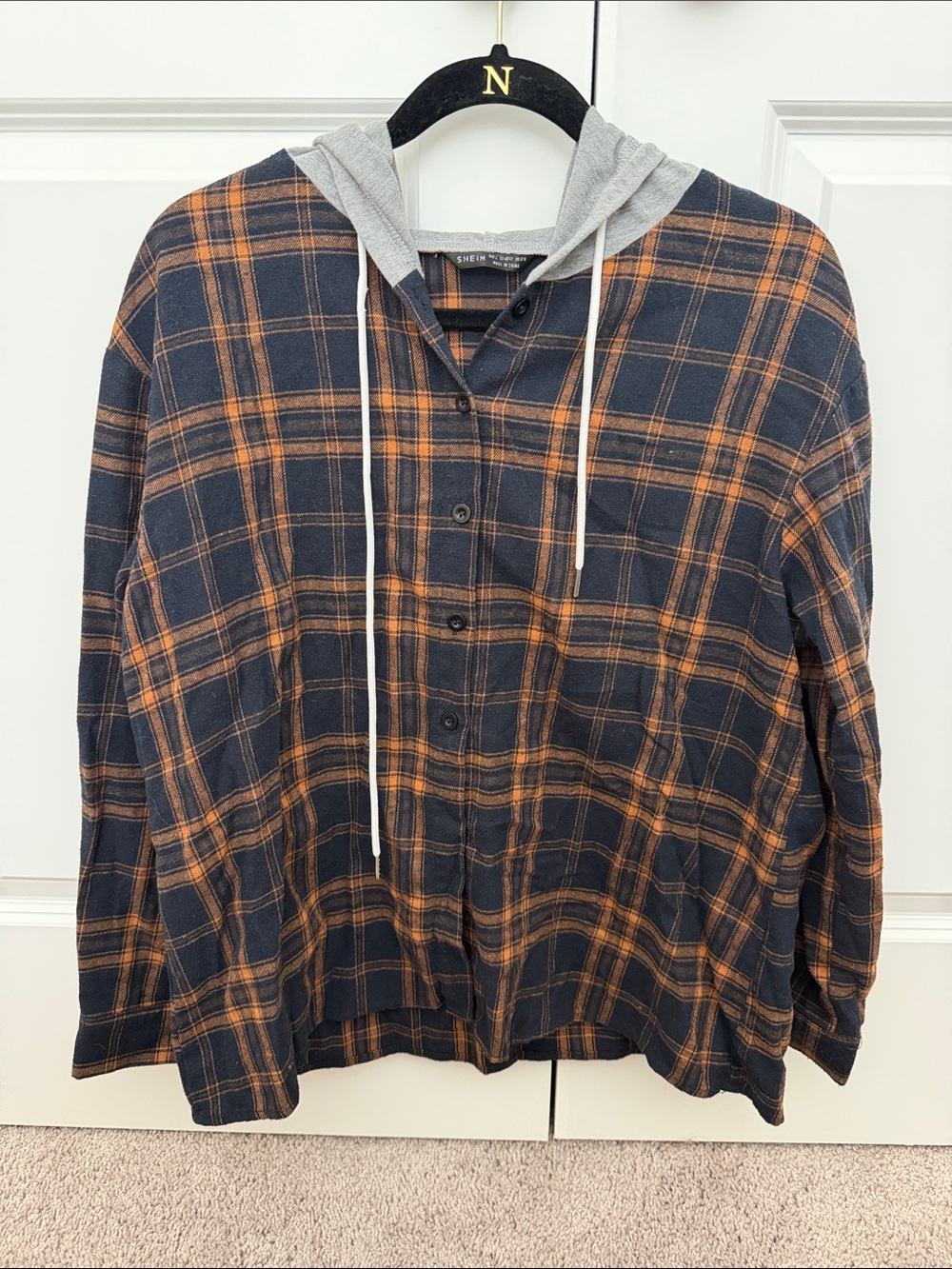 SHEIN Plaid Hooded Button-Up Shirt Jacket - Dark Navy & Orange
